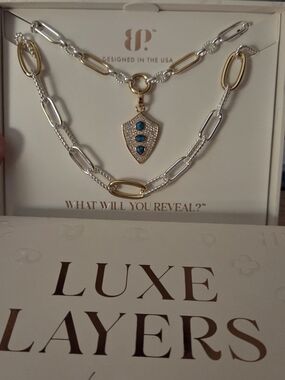 Luxe Two-Tone Shield Pendant Necklace with Blue Stones